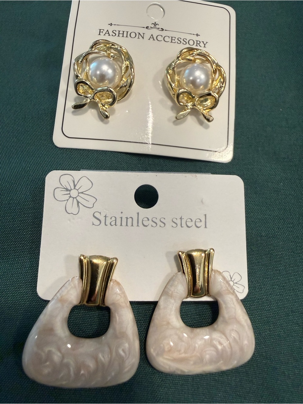 Pearl & pearlescent earring pair chic coquette avant garde posts gold tone
